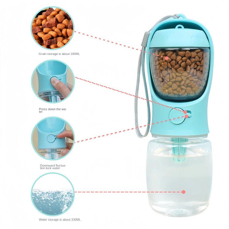 Garrafa de água portátil para cães e gatos com recipiente de armazenamento para comida e água para  animais de estimação.